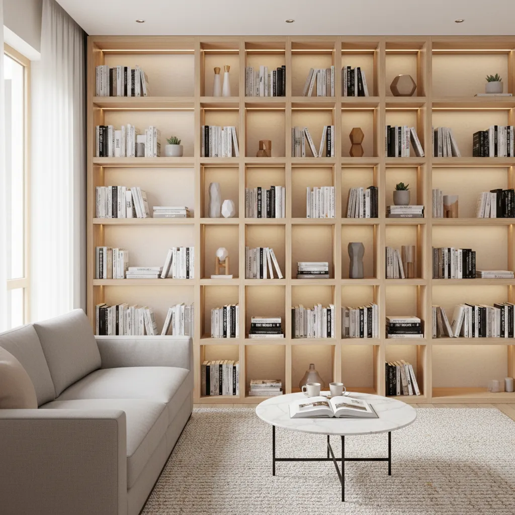 Vertical wall shelves in a small living room maximizing storage
