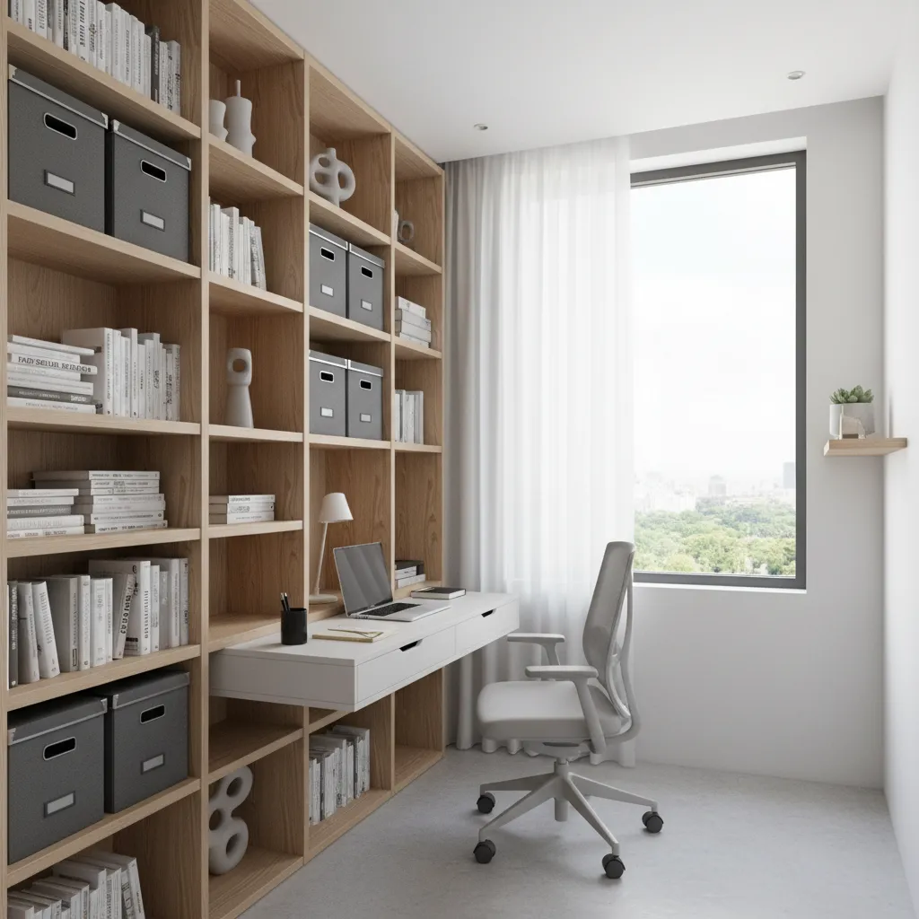 Small room with vertical floor to ceiling shelving maximizing storage