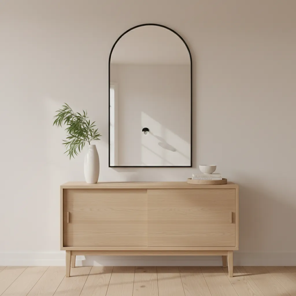 Vertical styling with mirror and tall vase on small dining room sideboard