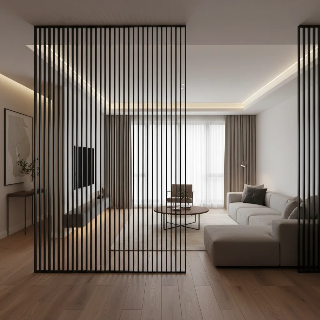 vertical slat aluminium partition dividing modern interior space