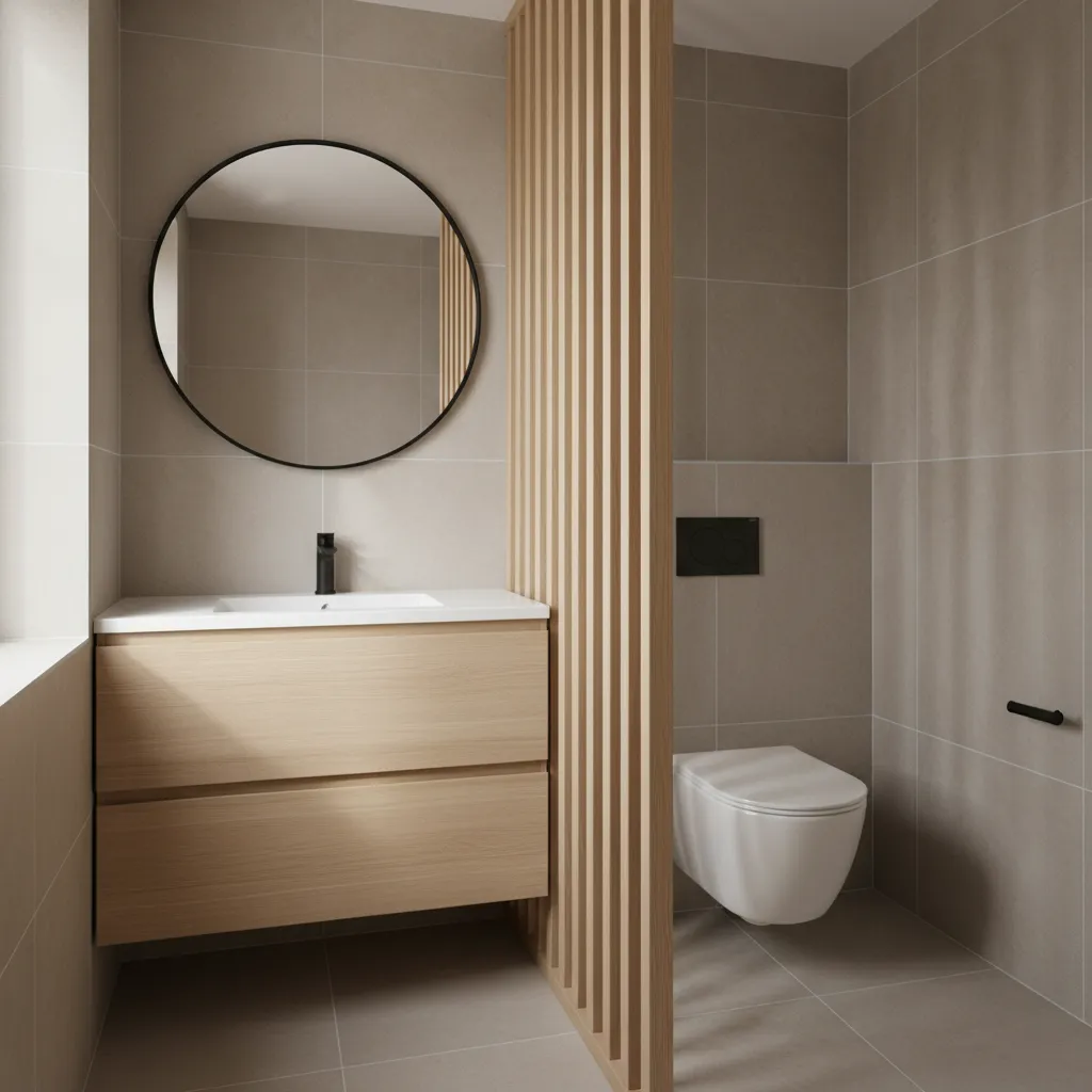 wood vertical slat partition separating toilet and vanity in small bathroom
