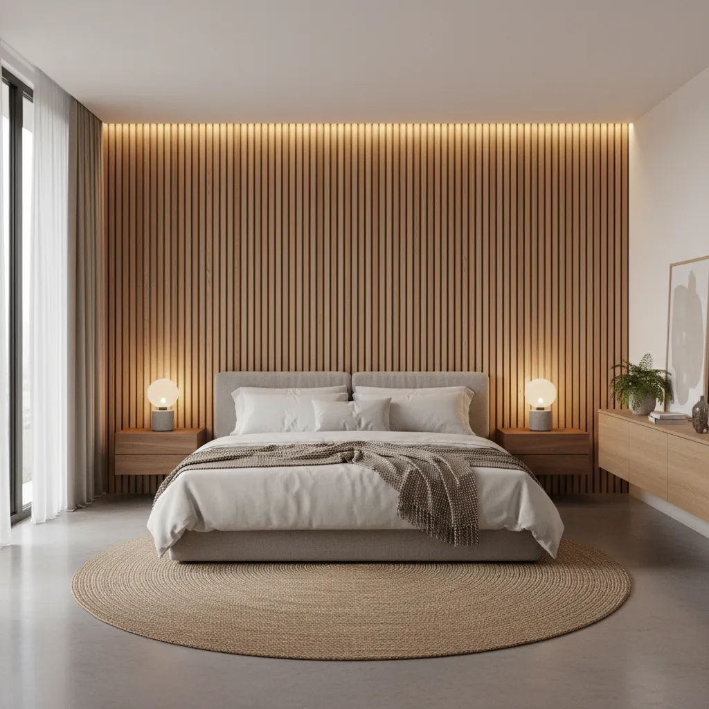 Bedroom with vertical wooden slat wall panels behind the bed