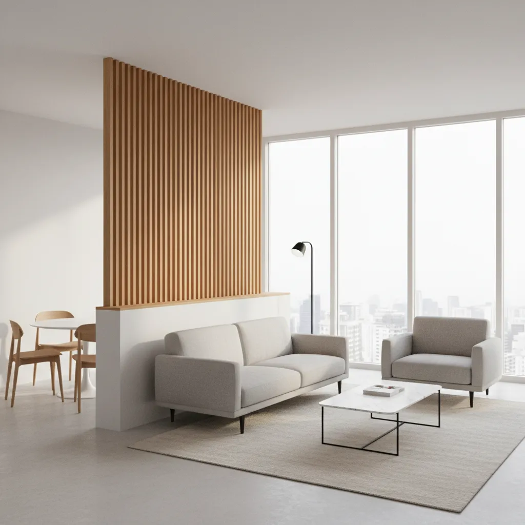 Vertical slat grill partition above half wall in a modern apartment