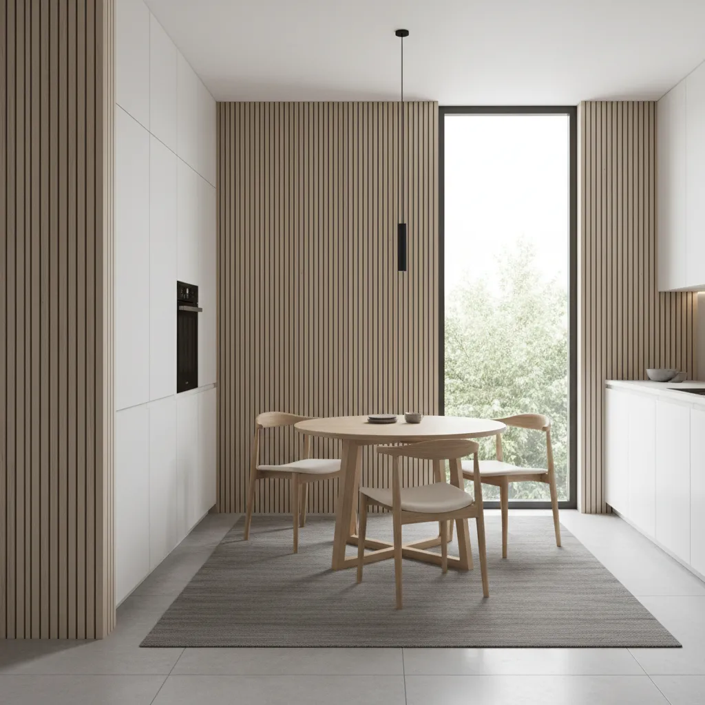 Modern kitchen with vertical wooden slat wall paneling behind dining area