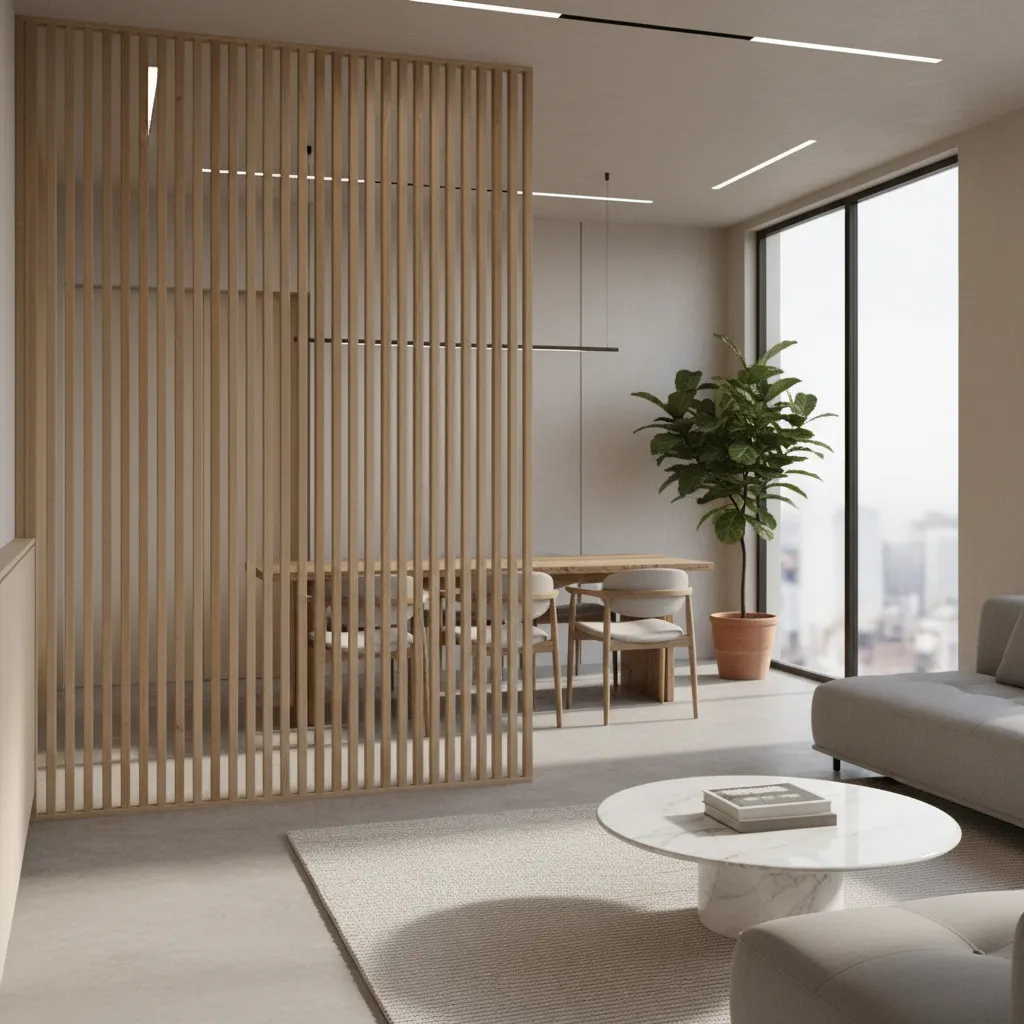 Vertical slatted plywood partition allowing light between rooms