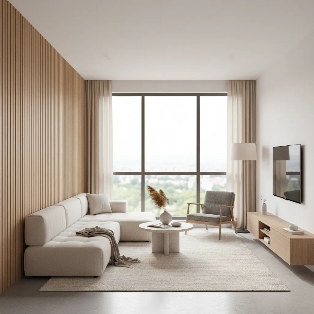 small living room with wooden vertical slat feature wall