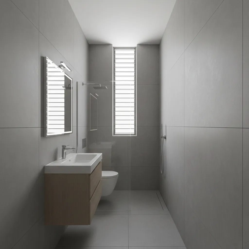 Vertical slim roshandan window design in a narrow bathroom