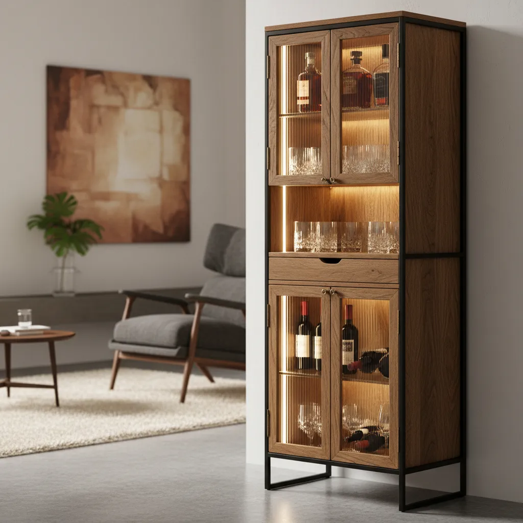 Mueble bar vertical con almacenamiento de botellas y copas