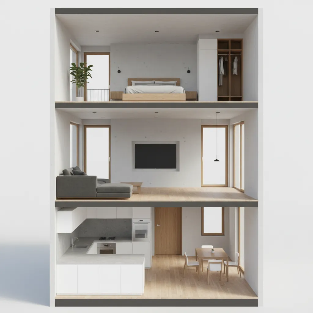 diagram style vertical floor plan showing stacked levels in a narrow house
