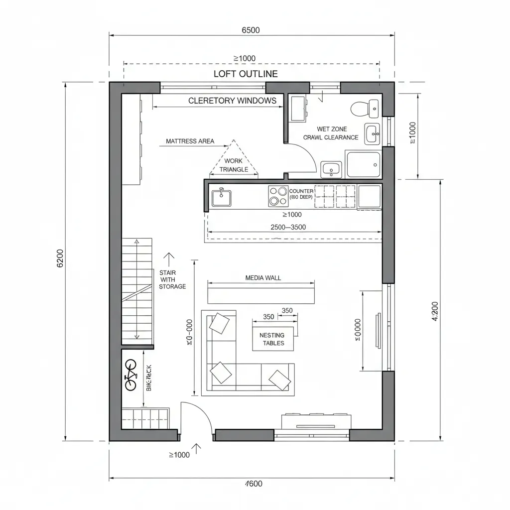 Detailed loft studio apartment floor plan with kitchen bathroom living area stairs and furniture layout dimensions