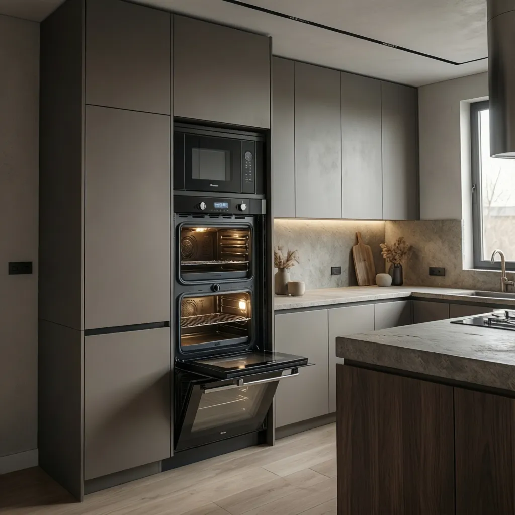 Modern kitchen with stacked wall oven and microwave built into tall cabinets