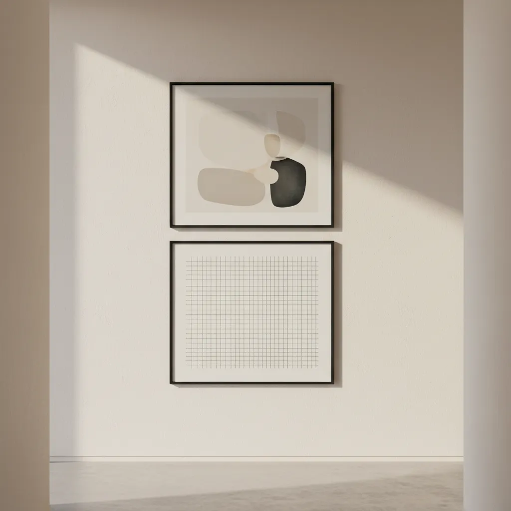 Two framed paintings stacked vertically on a narrow wall section
