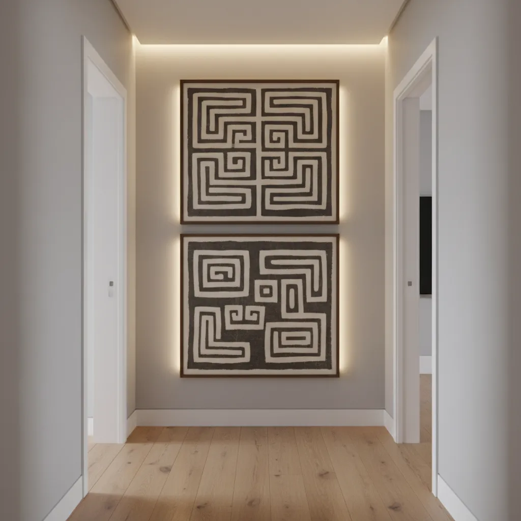 Hallway wall with two large framed artworks stacked vertically