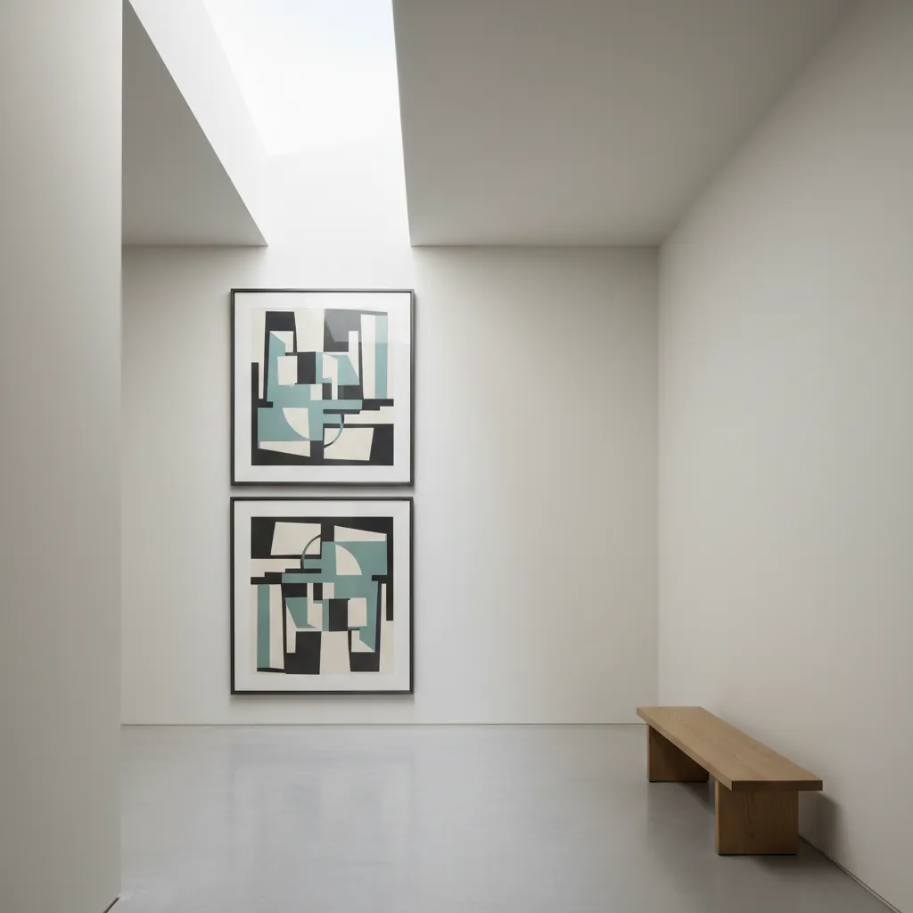 Two large framed pictures stacked vertically on a hallway wall