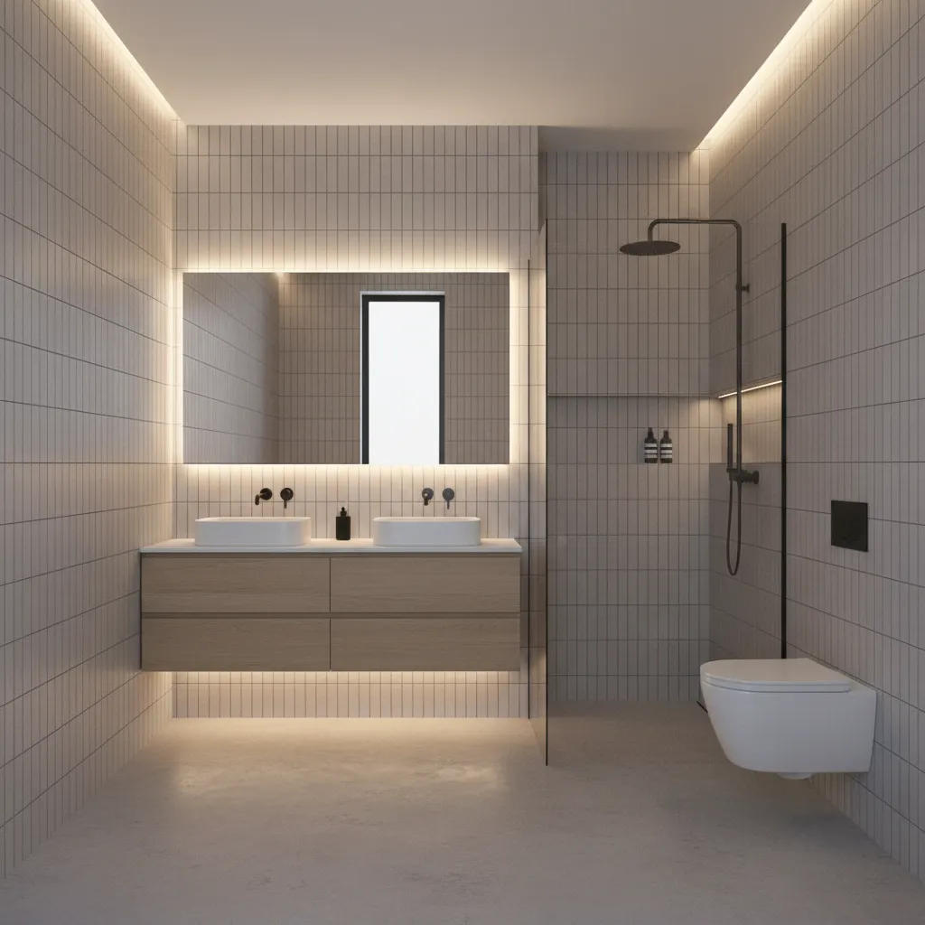 Vertical stacked tile layout on modern bathroom wall