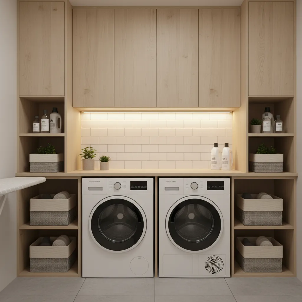 Laundry room with washing machine and dryer under wood cabinets with open shelves and baskets