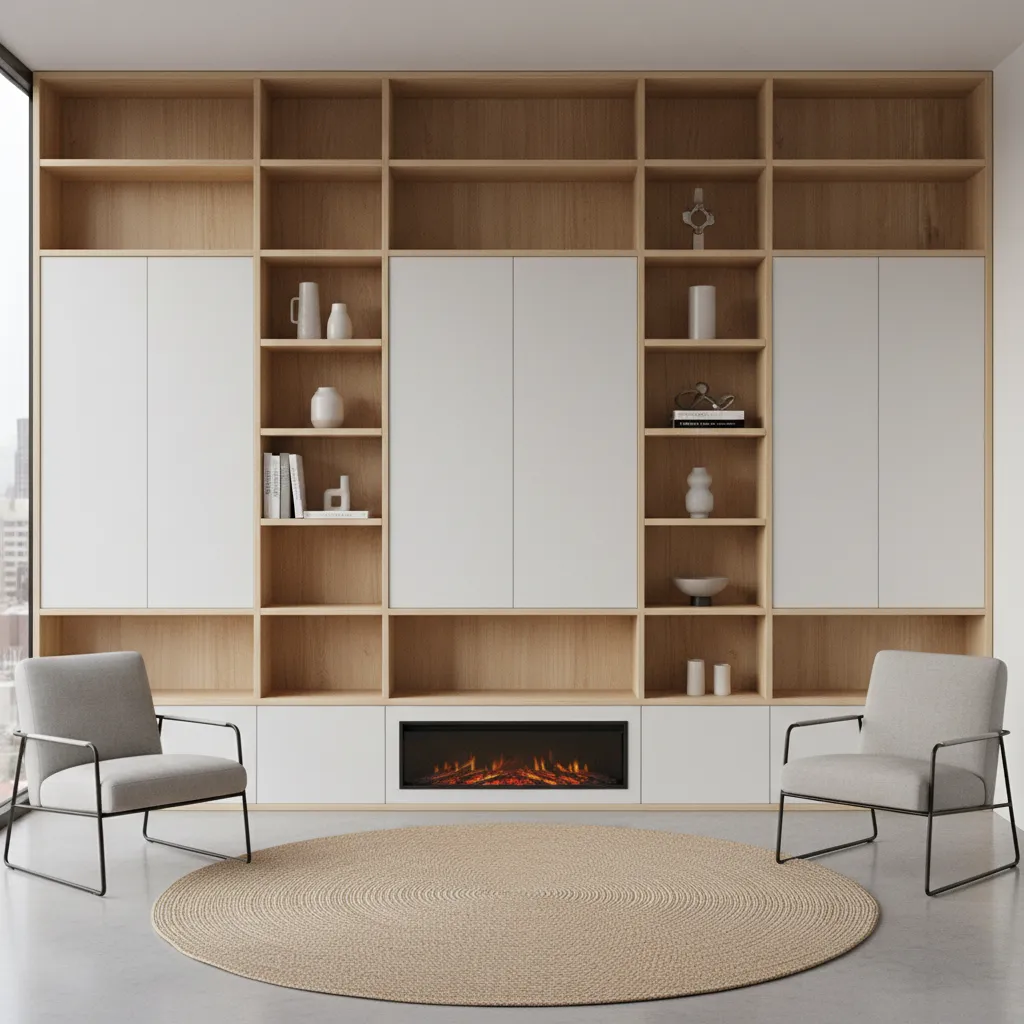 Floor to ceiling storage wall in a modern apartment living room
