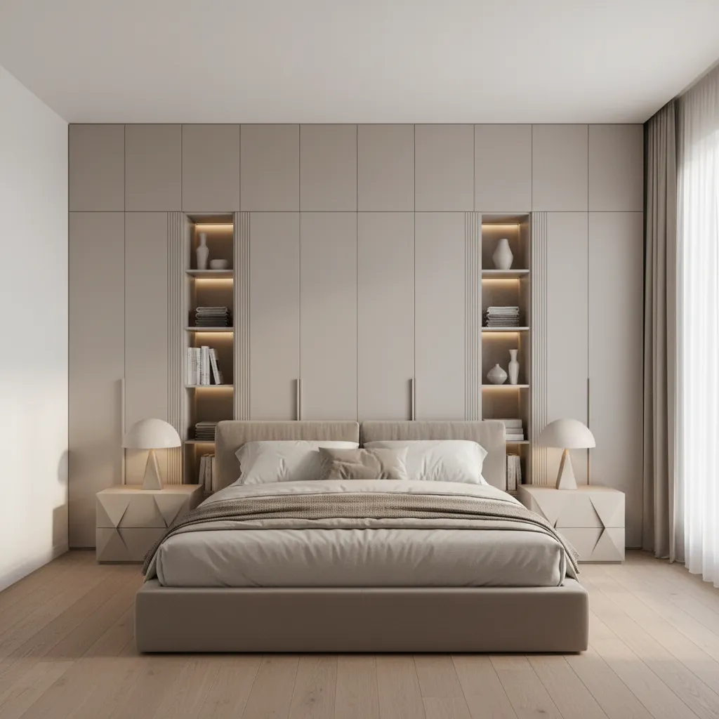 Floor to ceiling wardrobes and vertical storage solution inside a modern apartment bedroom