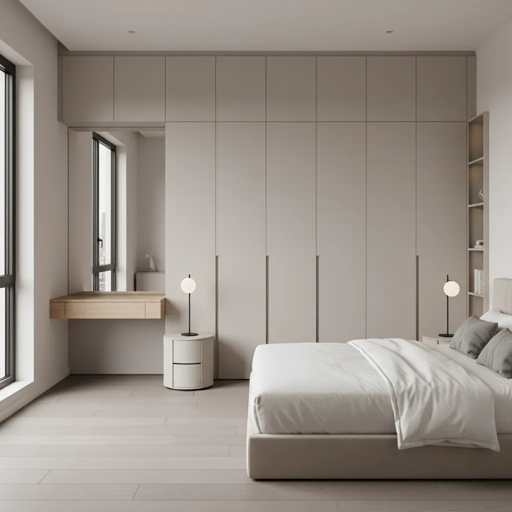Floor to ceiling wardrobe storage in compact apartment bedroom