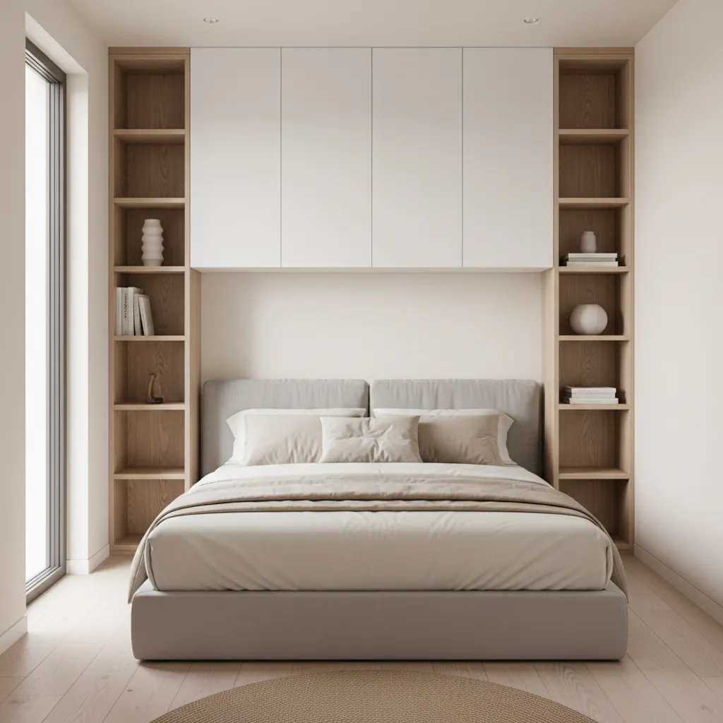 Vertical shelves and wall storage around a queen bed