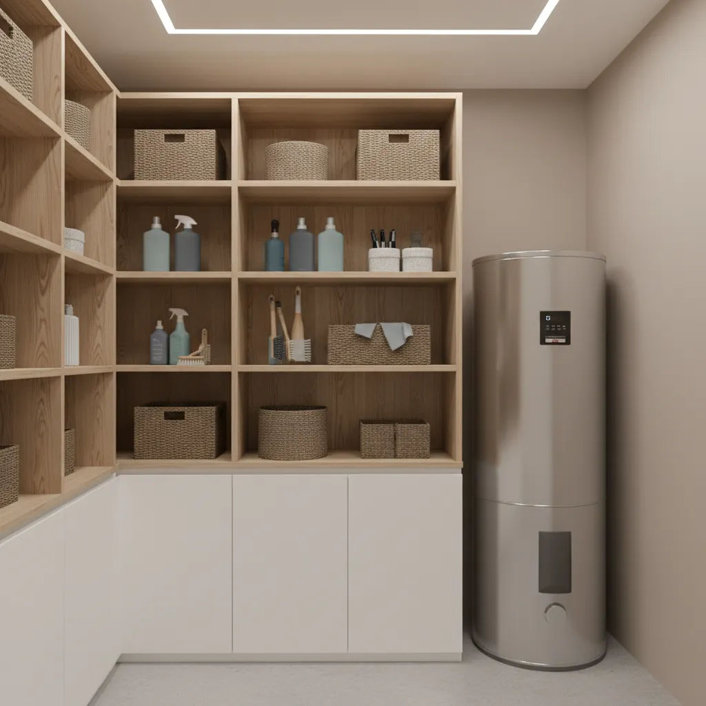 vertical shelving system built beside a water heater tank