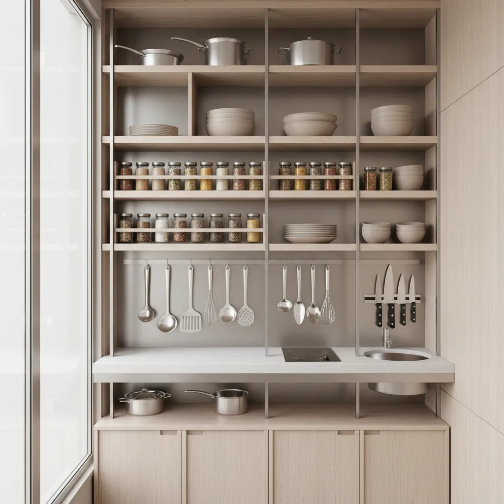 vertical wall storage system in small balcony kitchen