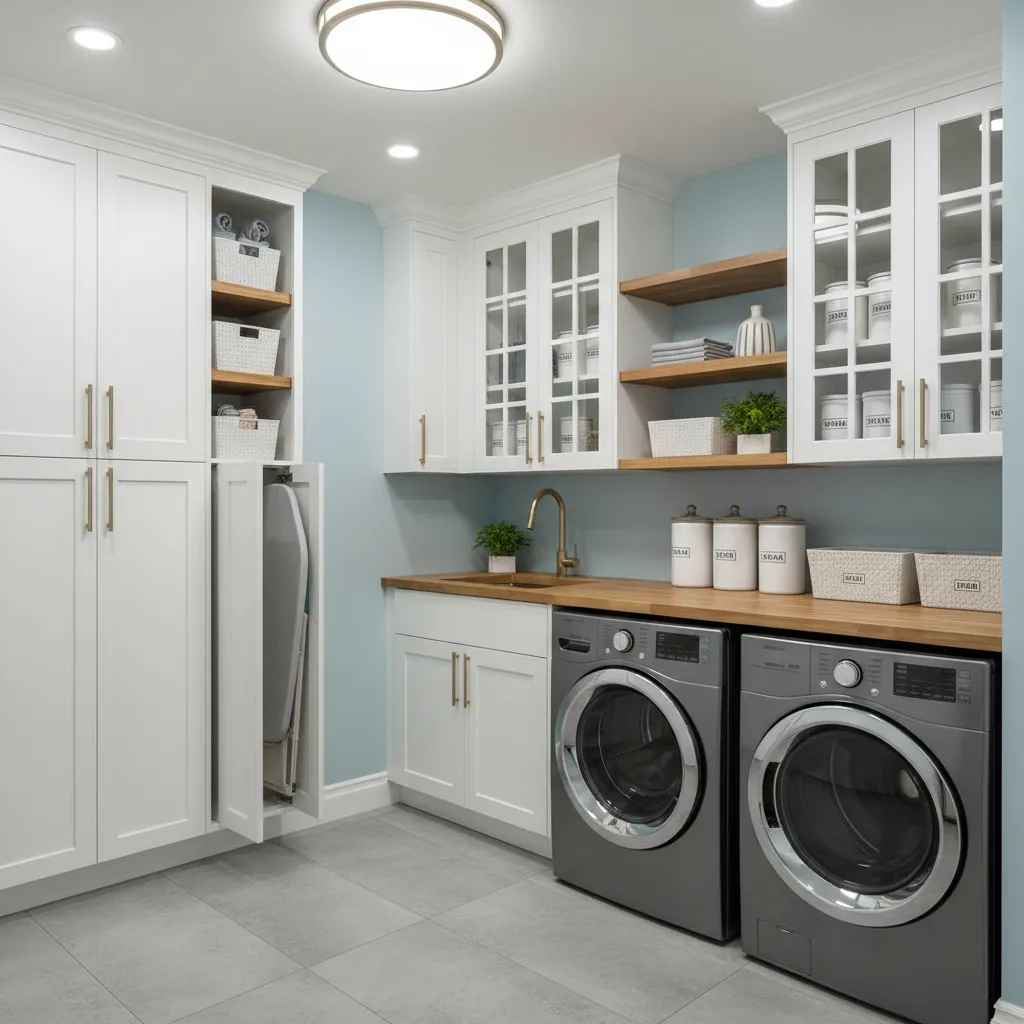 vertical storage cabinets in basement laundry room