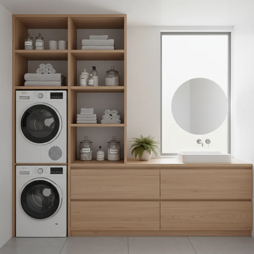 Vertical shelving above stacked washer dryer in bathroom laundry combo