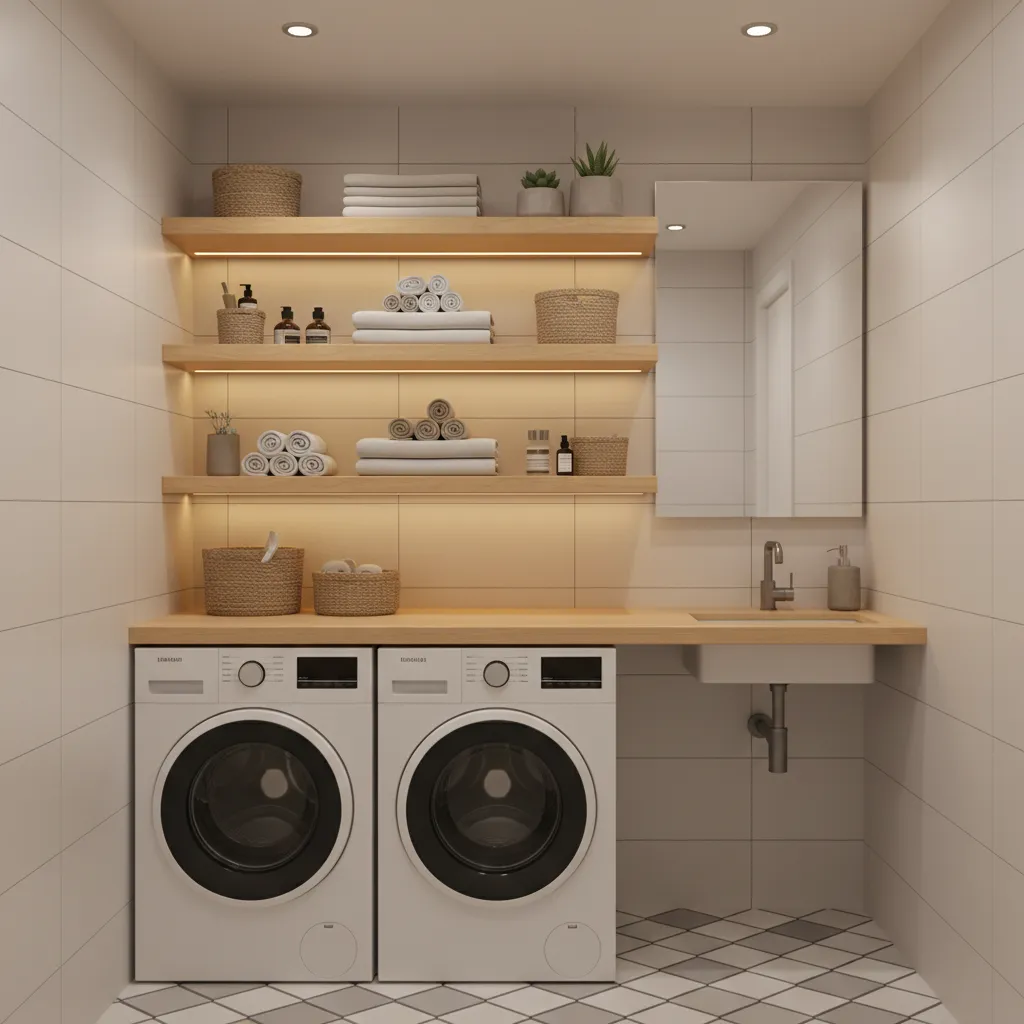 small bathroom laundry area with shelves above washer dryer