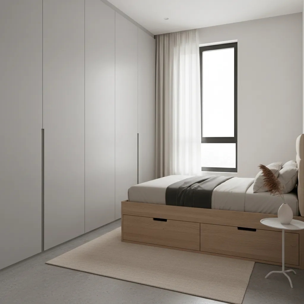 Bedroom with floor to ceiling wardrobe storage in a small apartment