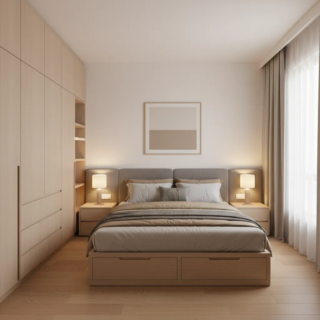 Bedroom with floor to ceiling storage in a Bangalore apartment
