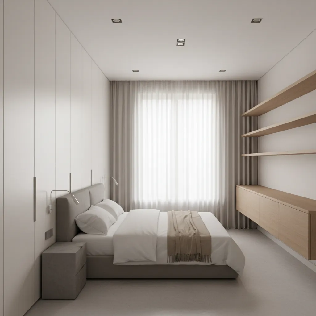 12x12 bedroom storage layout with tall wardrobe and shelving