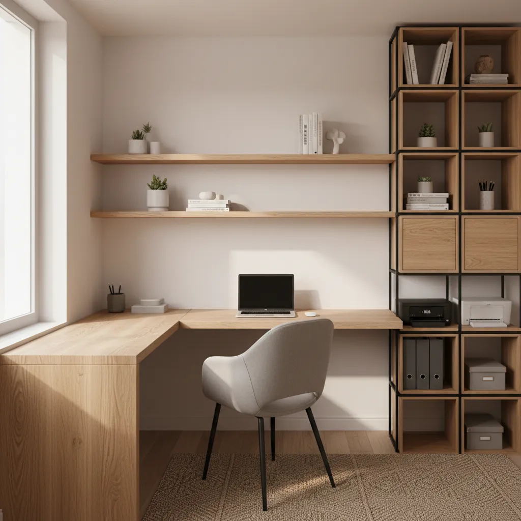 vertical wall shelves above desk in bedroom office