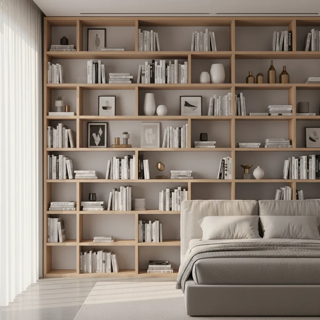 floor to ceiling vertical storage shelving in bedroom