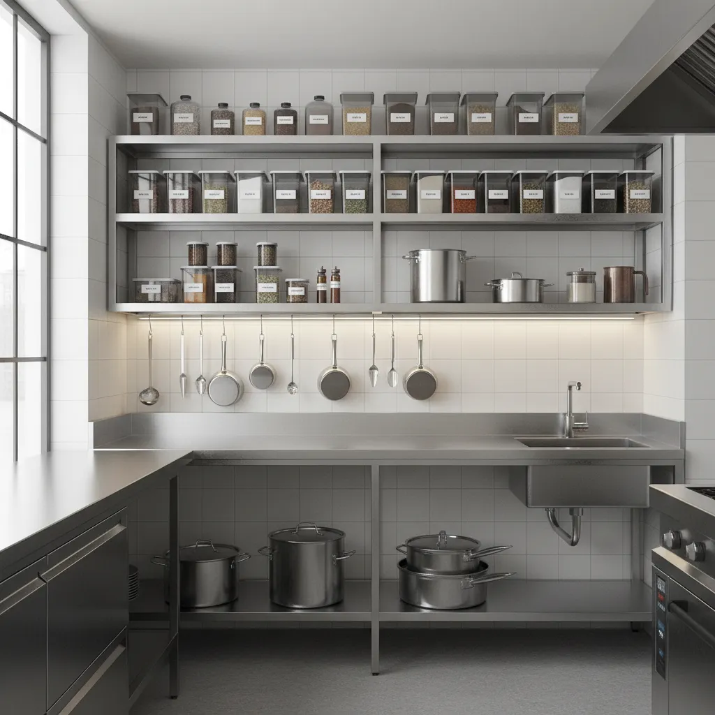 small commercial kitchen using vertical shelving and wall storage