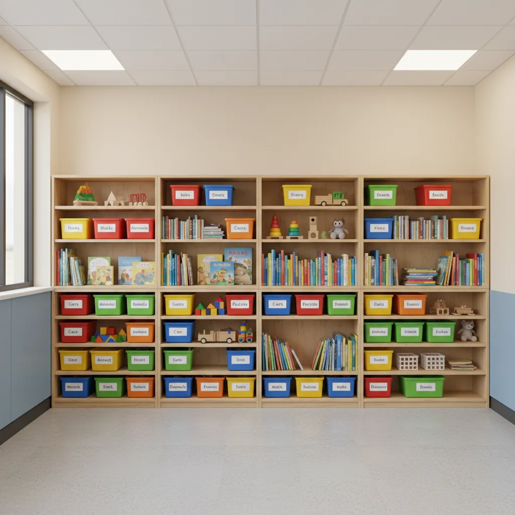 vertical wall storage shelves with labeled toy bins in daycare classroom