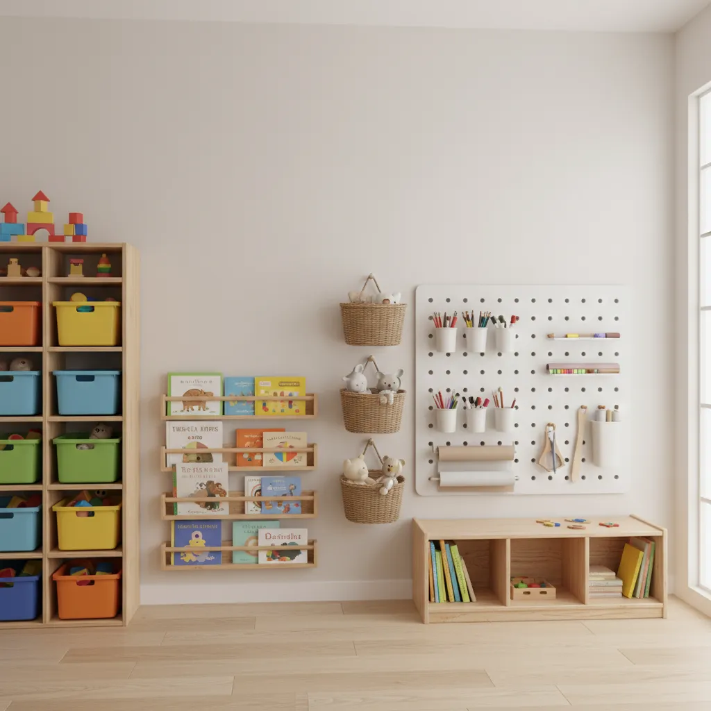 daycare classroom wall storage with books toys and hanging baskets