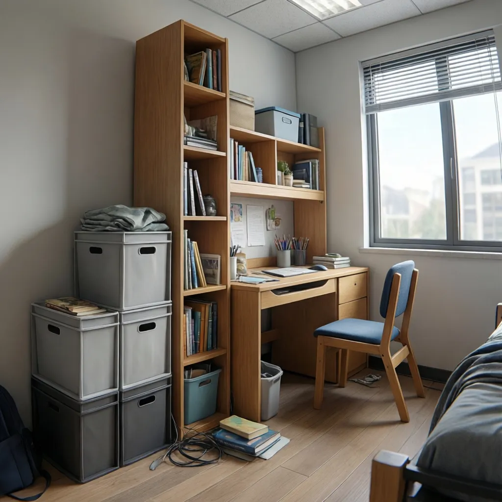 dorm room vertical shelving storage layout beside desk