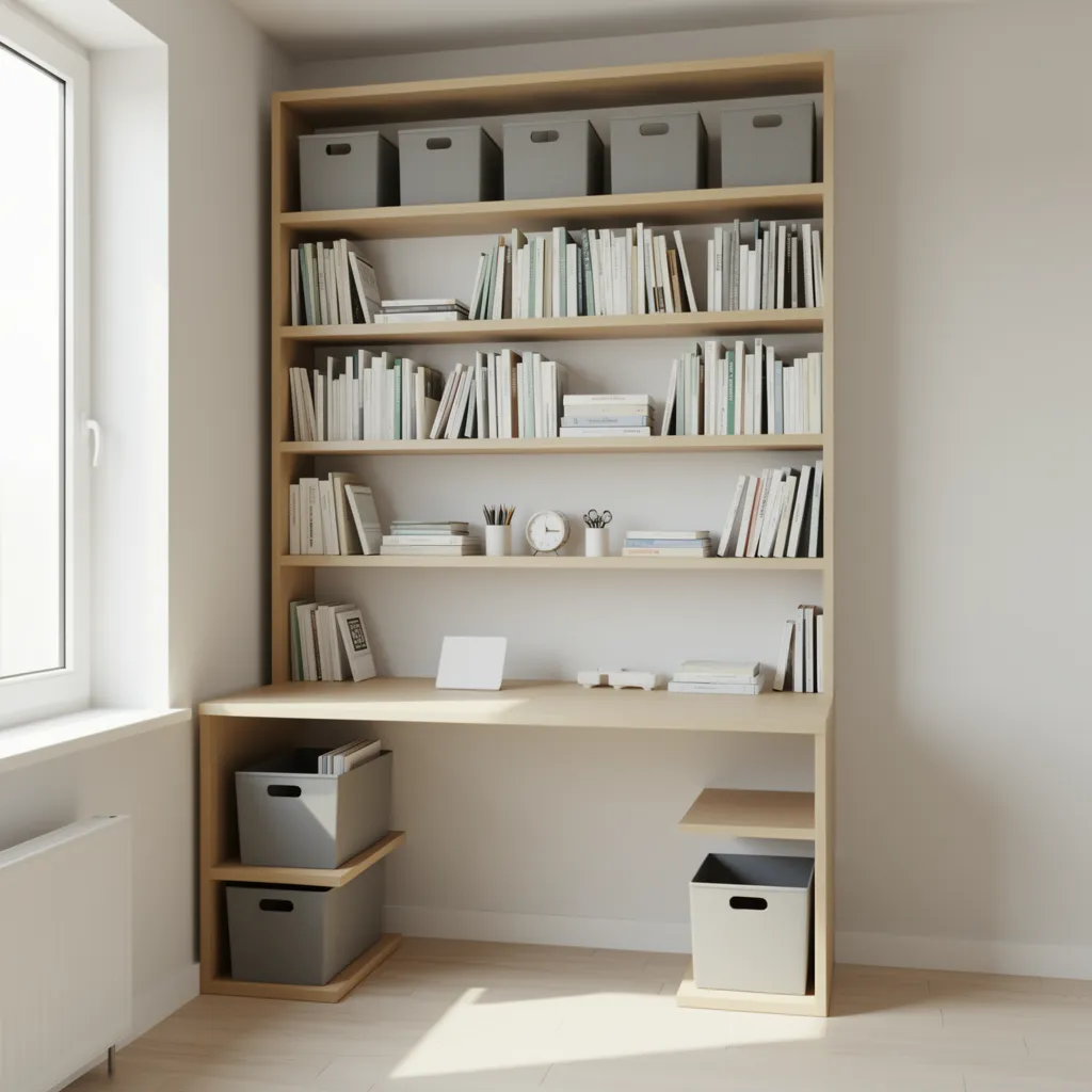 Dorm room desk with vertical shelves and wall storage maximizing small space