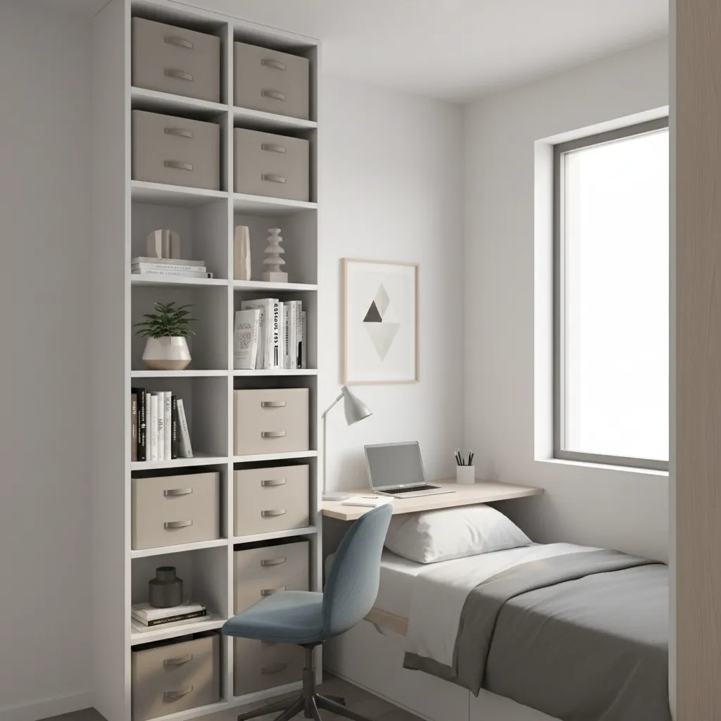 vertical wall shelving storage solution in small dorm room