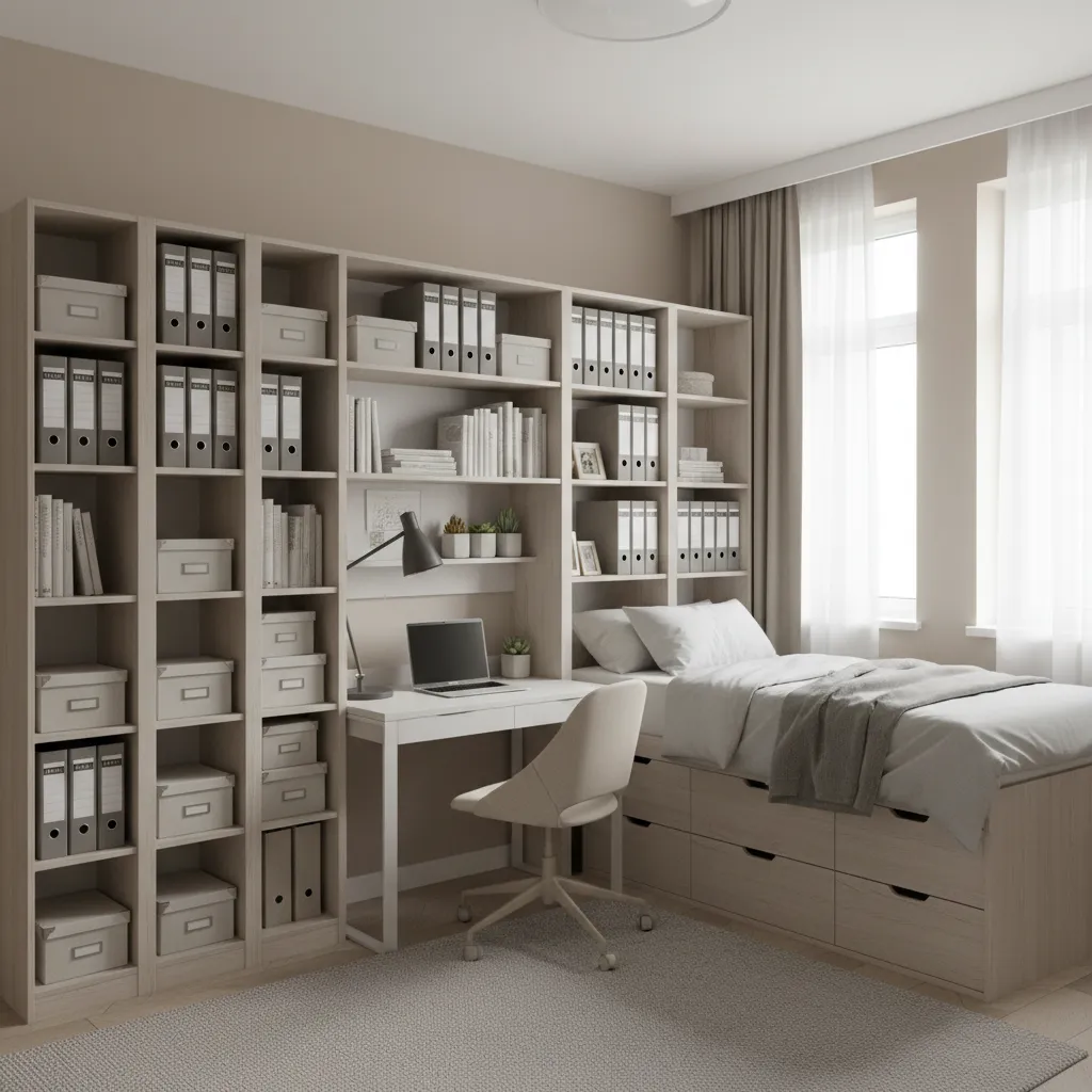 Small bedroom featuring a white desk and large wall shelving unit with many storage boxes