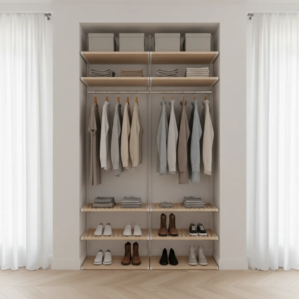 Vertical shelving storage system in a compact dressing room
