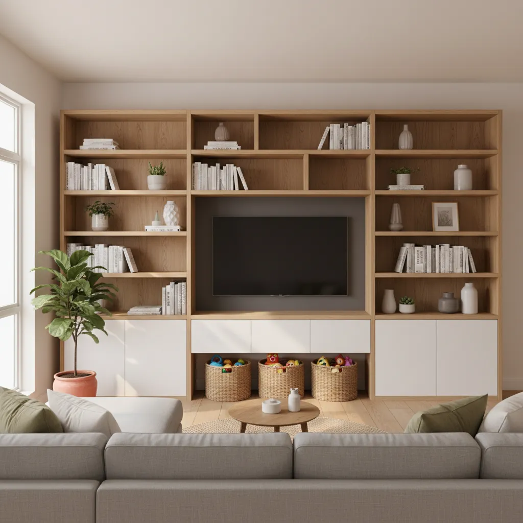 Vertical wall storage and shelving in a small family living room