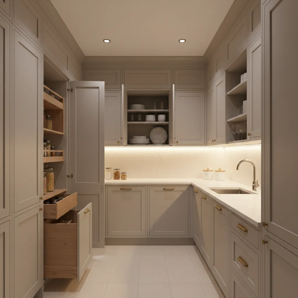 Narrow beige kitchen with open cabinets storage drawers sink and warm lighting for room layout