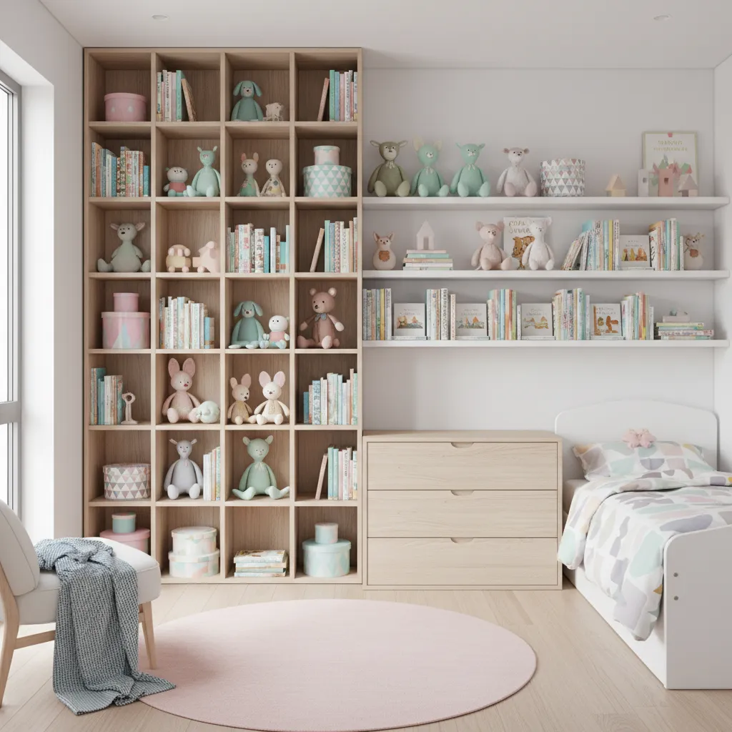 Girls bedroom with tall shelves and vertical storage solutions