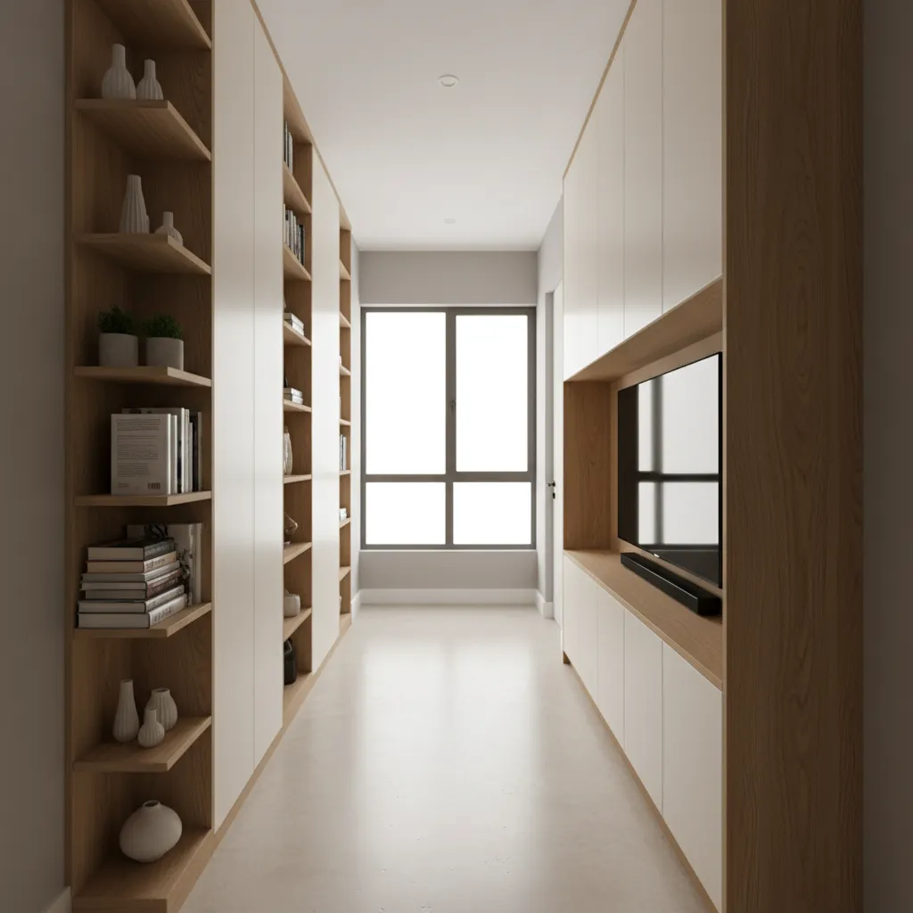 Small living hall with vertical wall storage and built in shelves