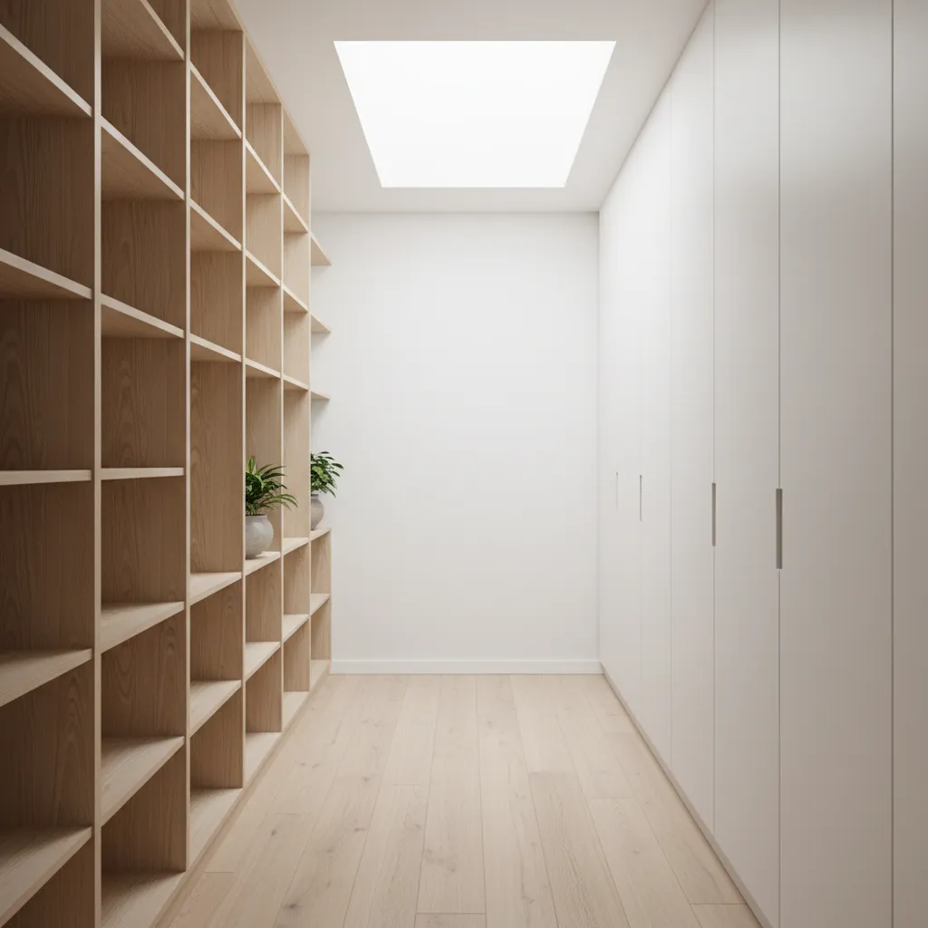Narrow hallway with vertical storage shelves and wall cabinets