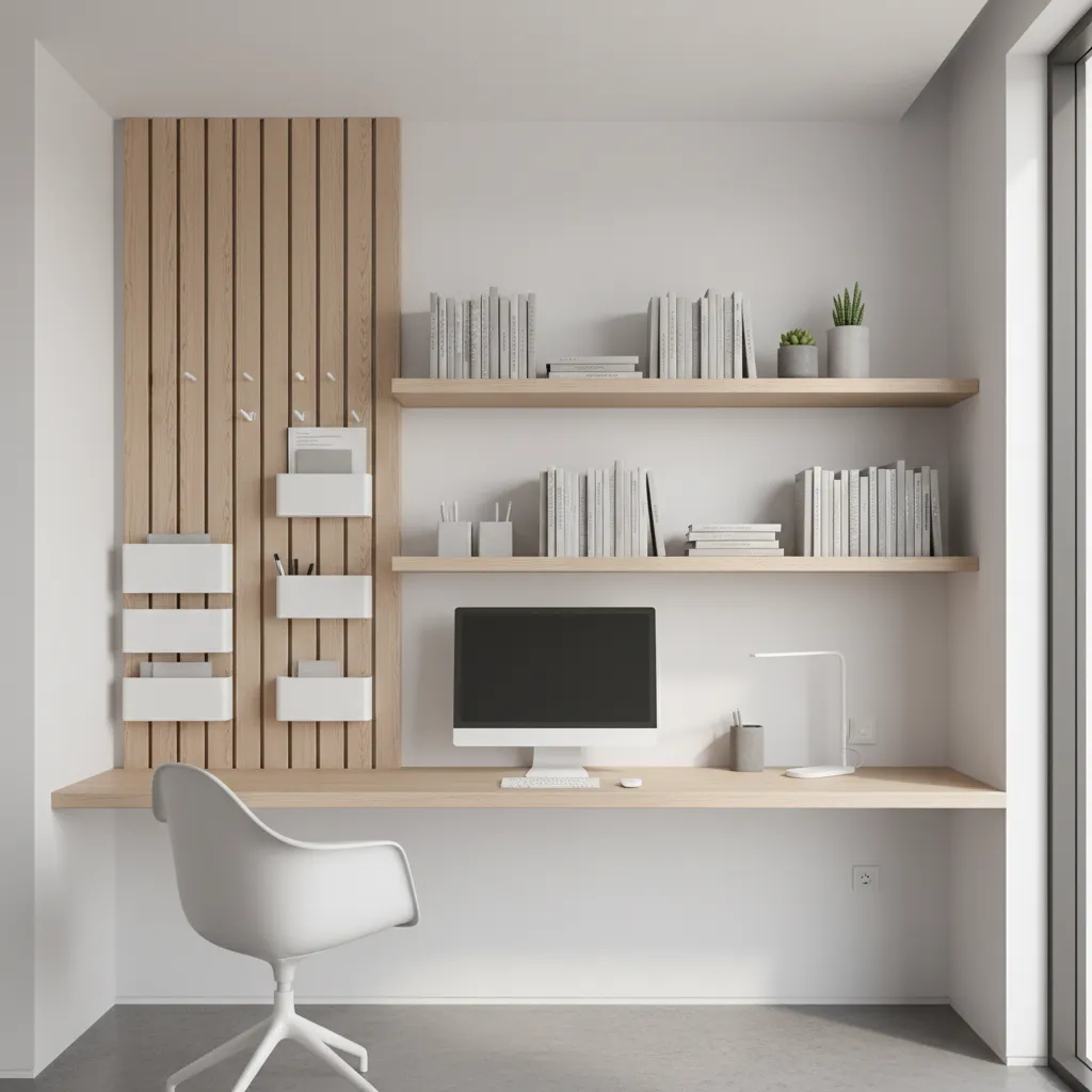 small home office with vertical shelves above a compact desk for storage