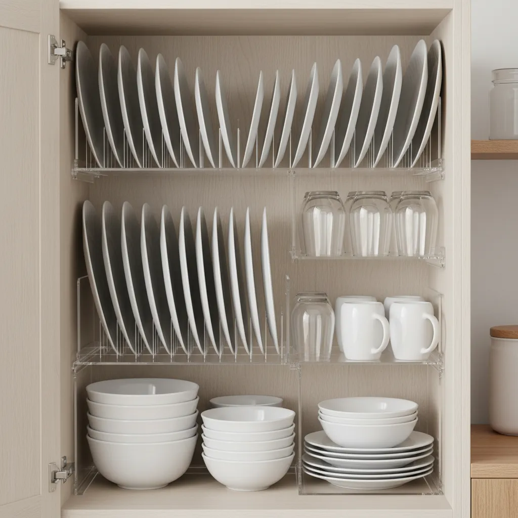 Stackable shelf risers maximizing vertical storage in a sideboard