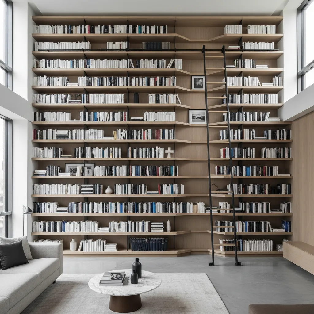 floor to ceiling shelving maximizing vertical storage in an uneven wall